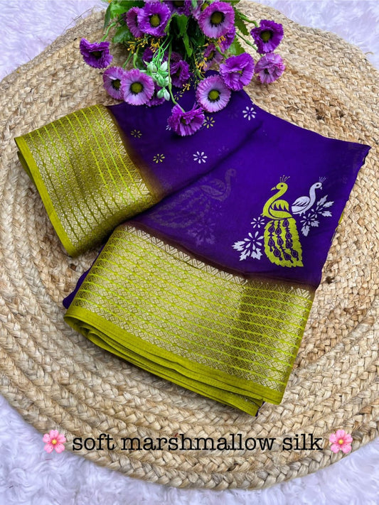 Peacock Printed Marshmallow Soft Silk Saree With Beautiful Print Design