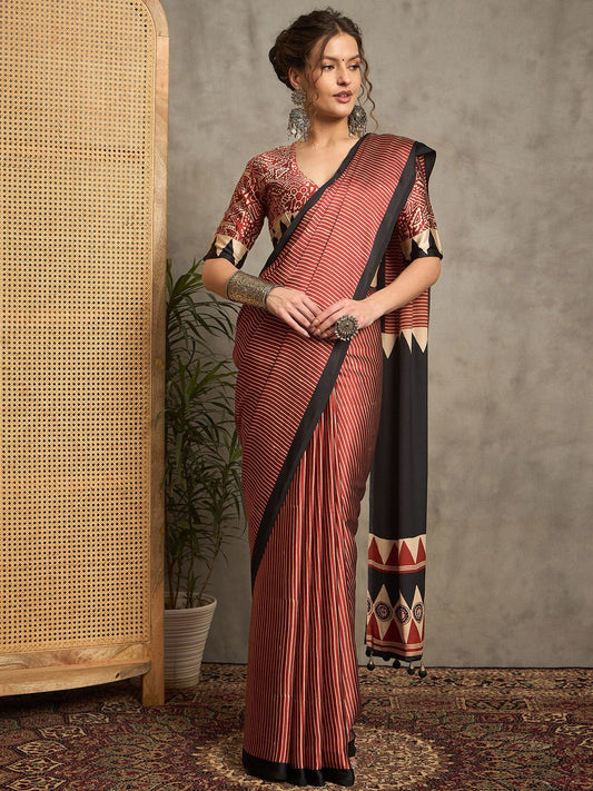 Gaji Silk Rose Gold Colour Designer Saree with Printed Pallu & Contrast Blouse Maroon saree