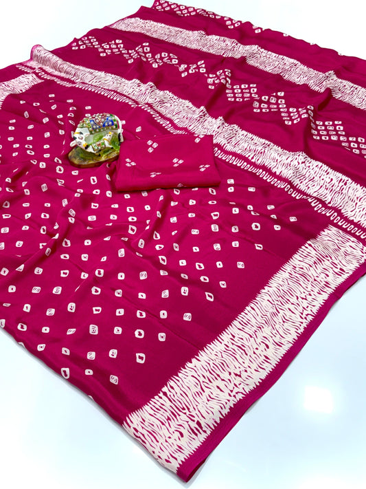 Crape Silk Bandhani Gajji Silk Bollywood Saree with Printed Blouse