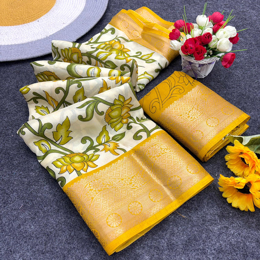 Jalpari Saree Dola Kalamkari Print Jacquard Border Beautiful Border Saree With Blouse