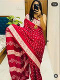 Crape Silk Beautiful Gajji Silk Bollywood Saree with Bandhani Printed Pallu & Contrast Blouse