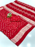 Crape Silk Bandhani Gajji Silk Bollywood Saree with Printed Blouse