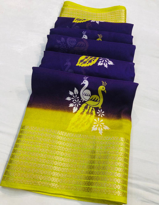 Peacock Print Marshmallow Soft Silk Saree With Beautiful Peacock Print Design