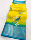 Peacock Print Marshmallow Soft Silk Saree With Beautiful Peacock Print Design