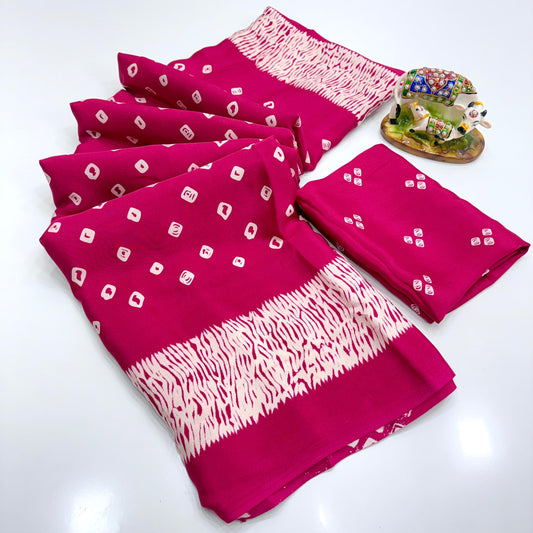Crape Silk Bandhani Gajji Silk Bollywood Saree with Printed Blouse Pcs