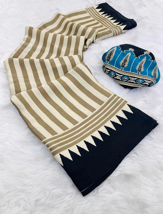 Trending Beautiful Gajji Silk Bollywood Saree with Printed Pallu & Contrast Blouse