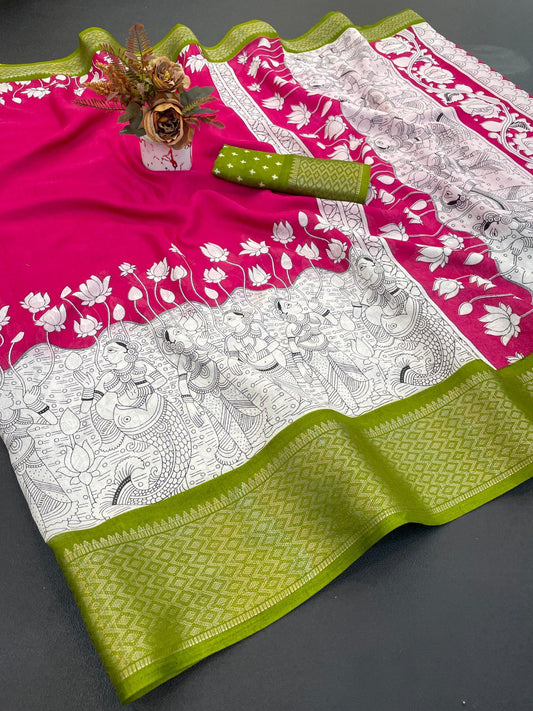 Jalpari Kalamkari Printed Jacquard Border Beautiful Colors Art Work Saree