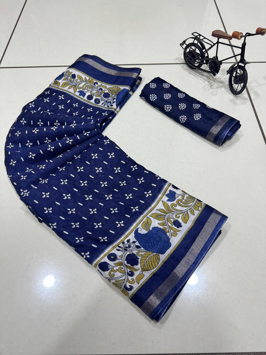 Jaipuri Hand Block Printed Soft Cotton Mulmul Saree ,Sanganeri Cotton Malmal Saree, Bagru Cotton Saree, Batic / Batik Print Cotton saree With Attached Blouse Piece
