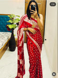 Crape Silk Beautiful Gajji Silk Bollywood Saree with Bandhani Printed Pallu & Contrast Blouse