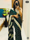 Crape Silk Beautiful Gajji Silk Bollywood Saree with Bandhani Printed Pallu & Contrast Blouse