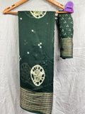 Marshmallow Fabric Saree with Jacquard Zari Border and Contrast Blouse Soft Fabrics