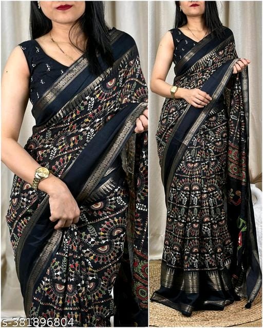 Dola Jequard Border Digital Warli Printed Saree & Beautiful Art Work Warli Saree