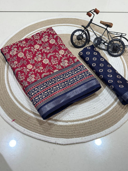 Jaipuri Hand Block Printed Soft Cotton Mulmul Saree ,Sanganeri Cotton Malmal Saree, Bagru Cotton Saree, Batic / Batik Print Cotton saree With Attached Blouse Piece