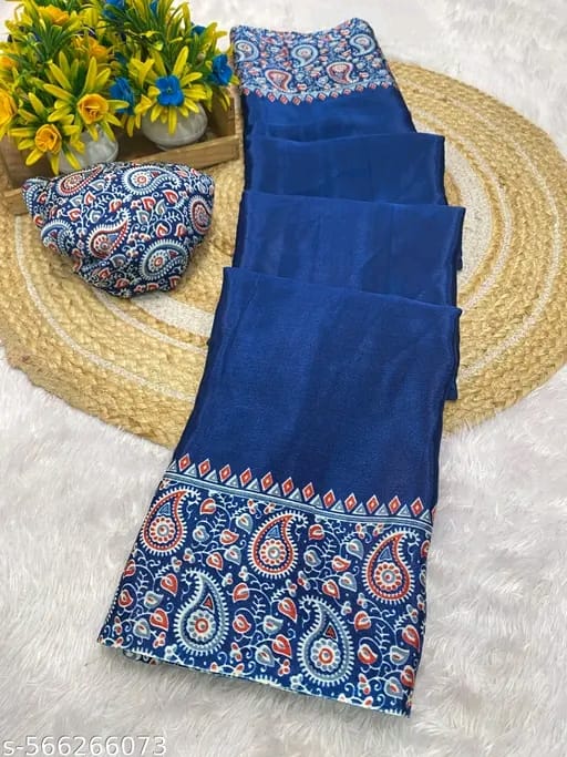 New Trending Beautiful Gajji Silk Bollywood Saree with Printed Pallu & Contrast Blouse