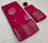 Soft Marshmallow Fabric Bandhni Print Saree with Jacquard Zari Border and Contrast Blouse