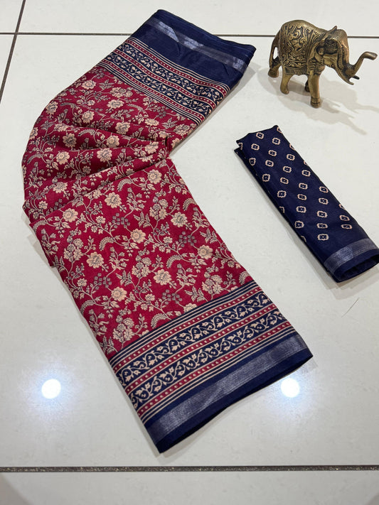 Jaipuri Hand Block Printed Soft Cotton Mulmul Saree ,Sanganeri Cotton Malmal Saree, Bagru Cotton Saree, Batic / Batik Print Cotton saree With Attached Blouse Piece