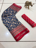Jaipuri Hand Block Printed Soft Cotton Mulmul Saree ,Sanganeri Cotton Malmal Saree, Bagru Cotton Saree, Batic / Batik Print Cotton saree With Attached Blouse Piece