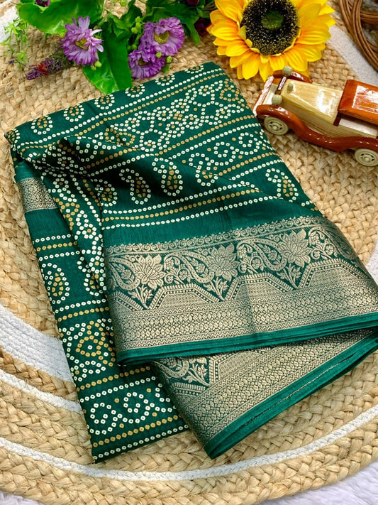 Cotton Dola Silk Jacquard Border Bandhani Printed Jari Work Sari with Blouse