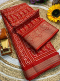 Cotton Dola Silk Jacquard Border Bandhani Printed Jari Work Sari with Blouse