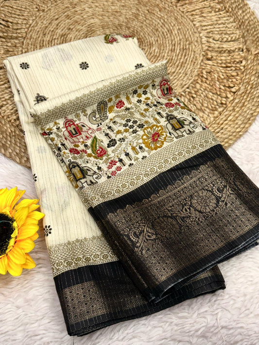 Chanderi Silk Jacquard Border Warli Printed Jari Work Sari with Blouse