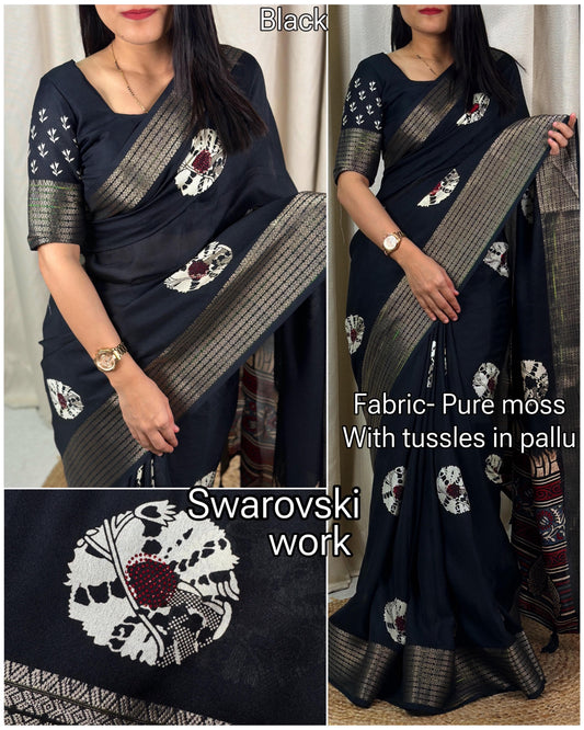 Swarovski Worck Pure Moss With Tussles In Pallu BANDHANI PRINTJACQUARD BODAR