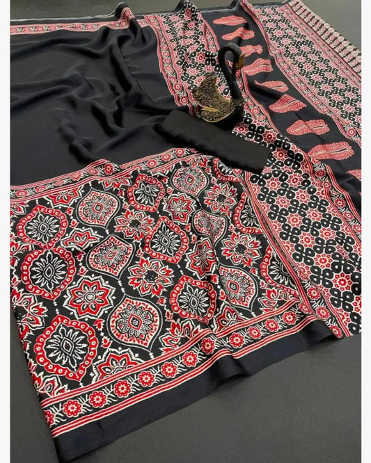 Crape Silk Beautiful Gajji Silk Bollywood Saree With Printed Pallu & Contrast Blouse