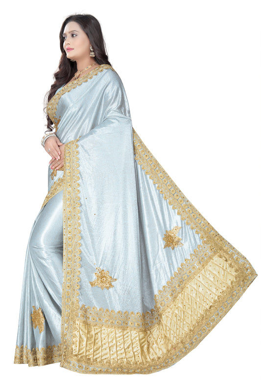 Lycra Blend Embroidered Saree Diamond Border with Blouse Piece