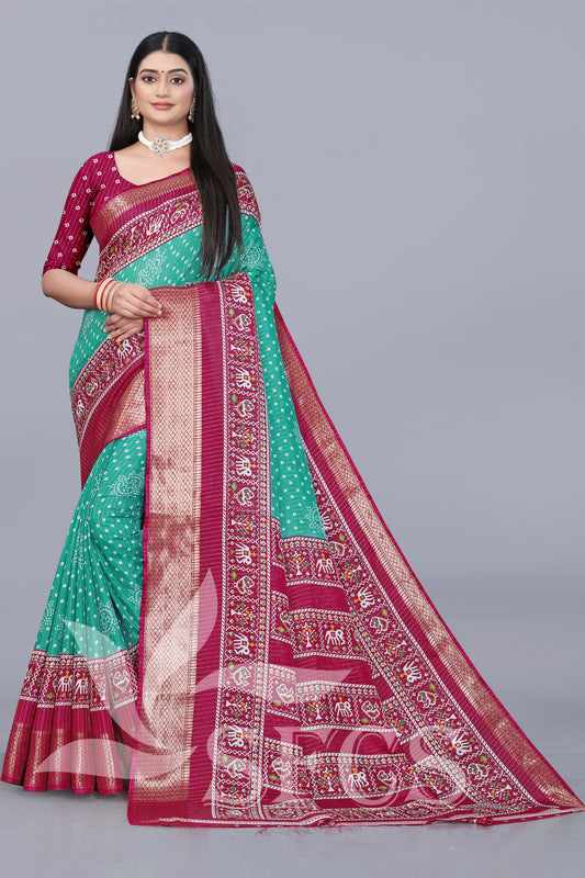 Chanderi Silk Jaqurd Digital Print Border Daily Wear Printed Saree with Blouse