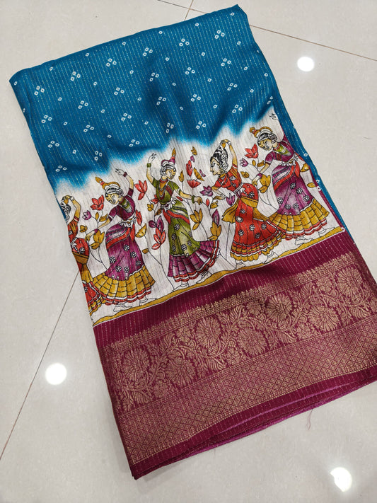 Cotton Dola Silk Jacquard Border Bandhani Printed Jari Work Sari with Blouse