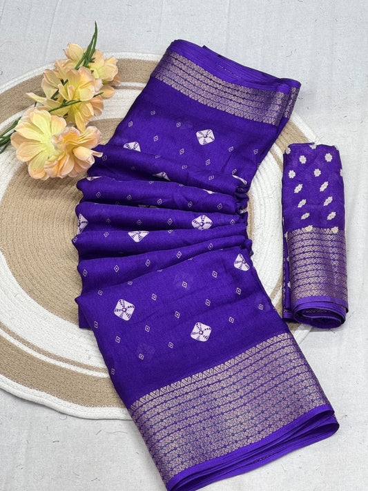 Marshmallow Silk Bandhni Print Saree with Jacquard Zari Border and Contrast Blouse