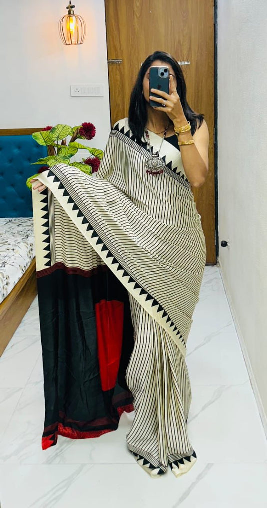 Designer Crape Silk Bollywood Designer Gaji Silk Saree with Printed Pallu & Contrast Blouse