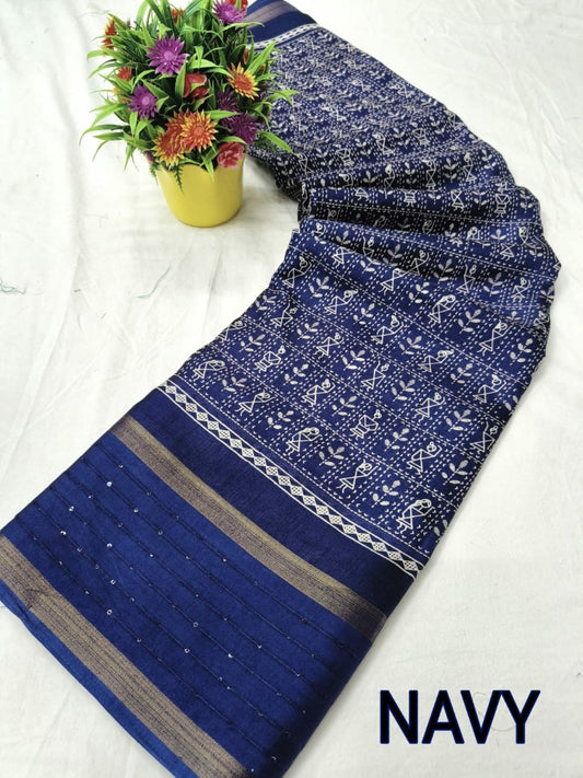 Dola Sequnce Jequard Border Digital Warli Printed Beautiful Art Work Saree