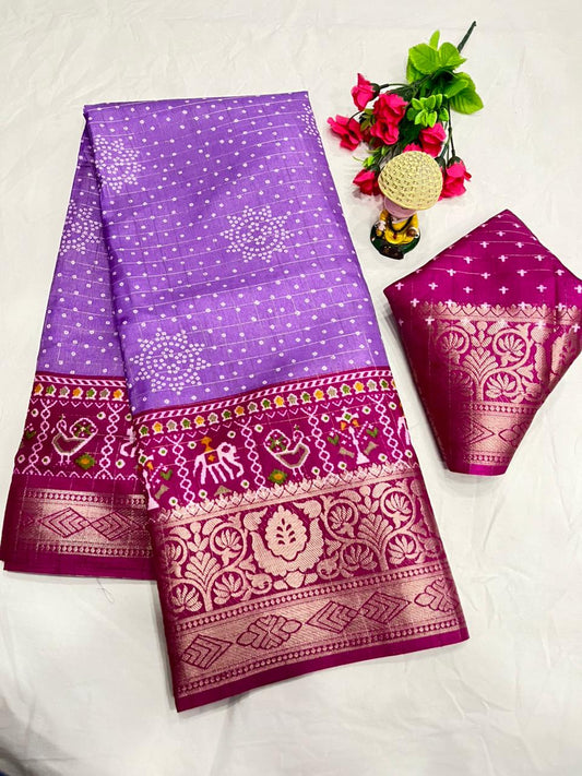 Dola Jequard Border Warli Digital printed saree with Bandhani printed beautiful Art Work With Blouse