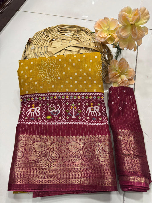 DOLA SILK SPARKLE ZARI BANDHNI PATOLA PRINT JAQURD BODAR
