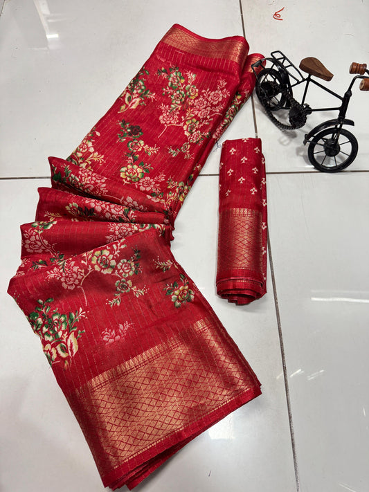 DIGITAL PARINT DOLA SILK SPARKLE ZARI FLOWER PRINT JAQURD BODAR