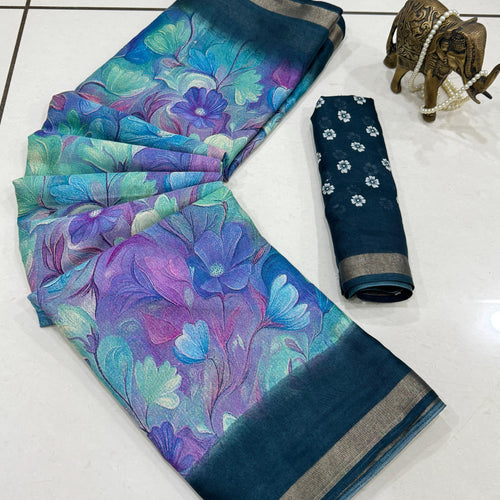 Jaipuri Hand Printed Soft Cotton Mulmul Saree ,Sanganeri Cotton Saree, Bagru Saree, Batic / Batik Print Cotton saree With Attached Blouse