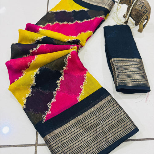 Marshmallow Georgette Kalamkari Print Jacquard Border Saree With Blouse