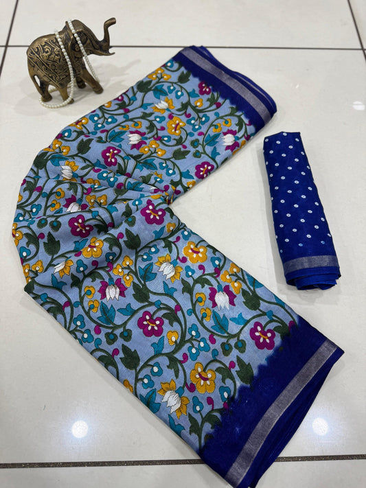 Jaipuri Hand Block Printed Soft Cotton Mulmul Saree ,Sanganeri Cotton Malmal Saree, Bagru Cotton Saree, Batic / Batik Print Cotton saree With Attached Blouse
