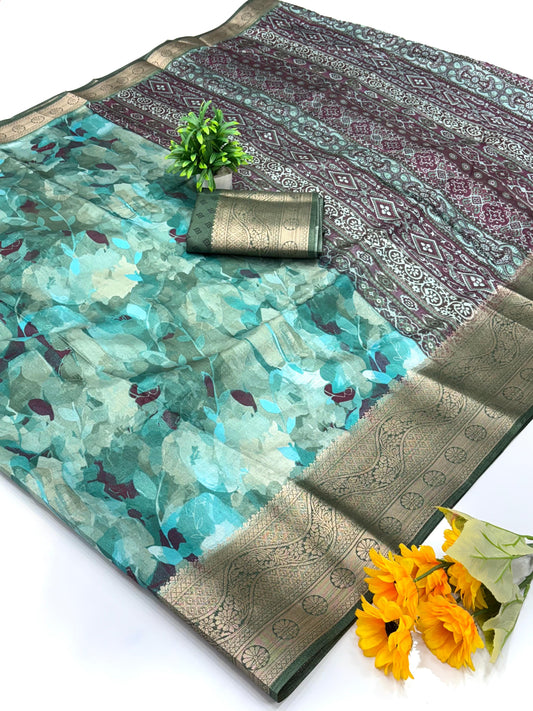 Jalpari Saree Dola Kalamkari Print Jacquard Border Beautiful Border Saree With Blouse