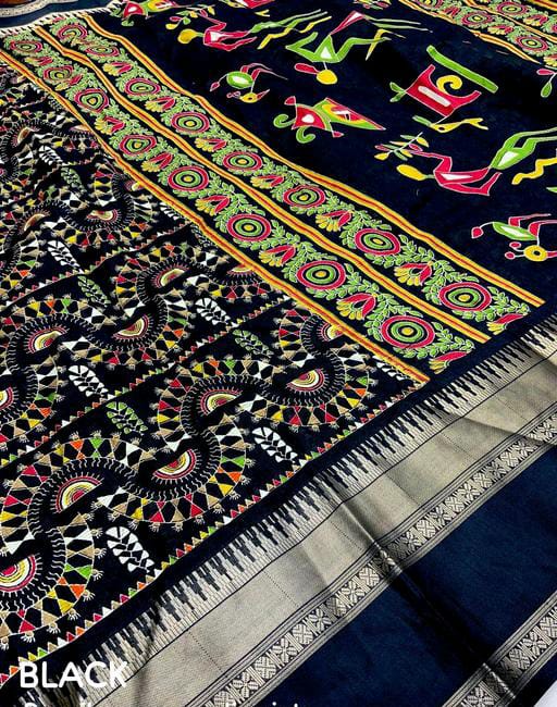 Dola Jequard Sequnce Border Digital Warli Printed Beautiful Art Work Saree & Blouse