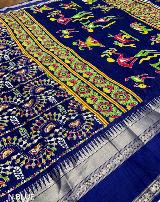 Dola Jequard Sequnce Border Digital Warli Printed Beautiful Art Work Saree & Blouse
