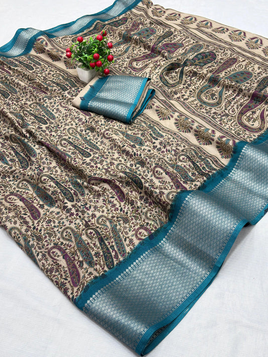 Jalpari Saree Dola Kalamkari Print Jacquard Border Beautiful Border Saree With Blouse