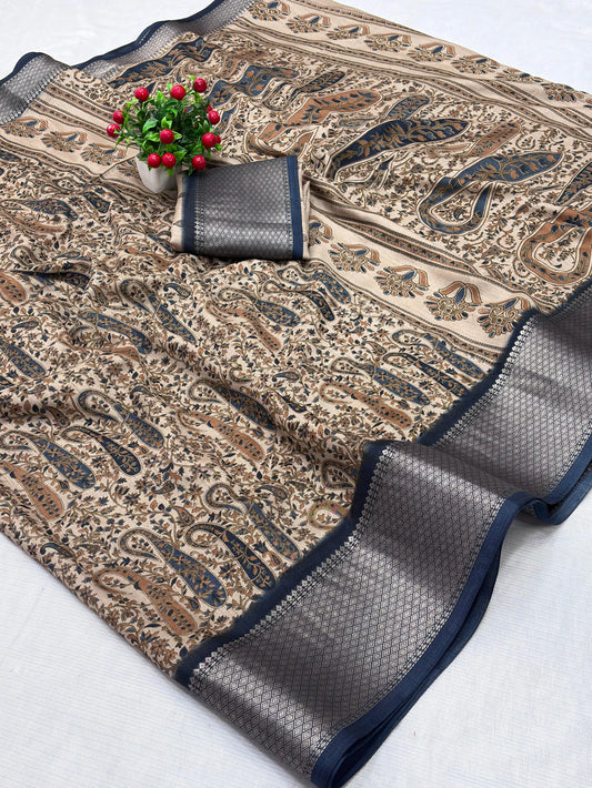 Jalpari Saree Dola Kalamkari Print Jacquard Border Beautiful Border Saree With Blouse