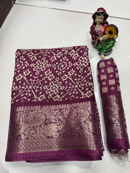 DOLA SILK SPARKLE ZARI BANDHNI PATOLA PRINT JAQURD BODAR