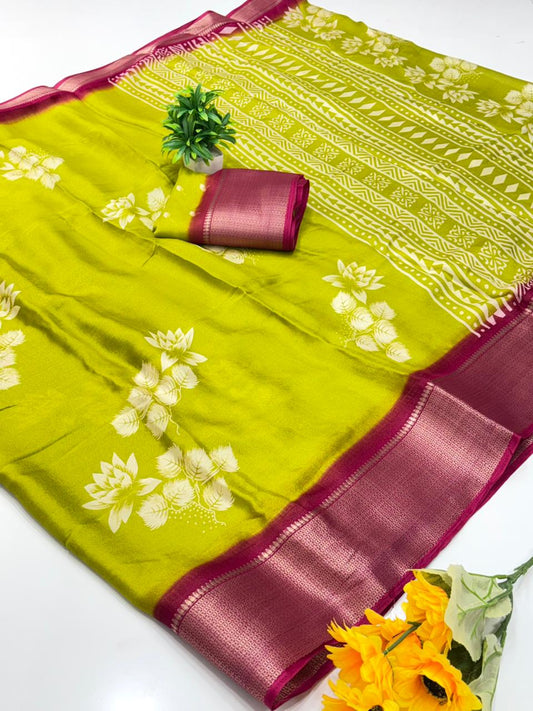 Jalpari Marshmallow Kalamkari Print Jacquard Border Beautiful Border Saree With Blouse