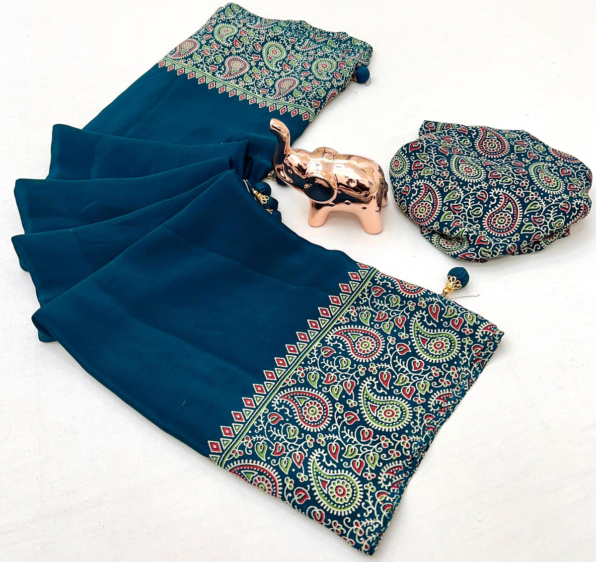 Designer New Trending Gajji Silk Bollywood Saree with Printed Pallu & Contrast Blouse