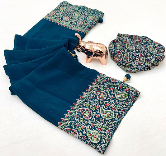 Designer New Trending Gajji Silk Bollywood Saree with Printed Pallu & Contrast Blouse