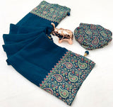 Designer New Trending Gajji Silk Bollywood Saree with Printed Pallu & Contrast Blouse