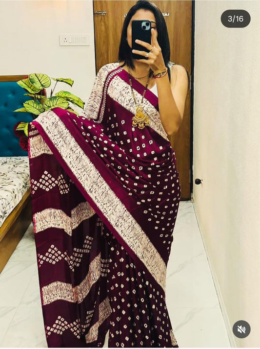 Crape Silk Beautiful Gajji Silk Bollywood Saree with Bandhani Printed Pallu & Contrast Blouse