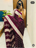 Crape Silk Beautiful Gajji Silk Bollywood Saree with Bandhani Printed Pallu & Contrast Blouse